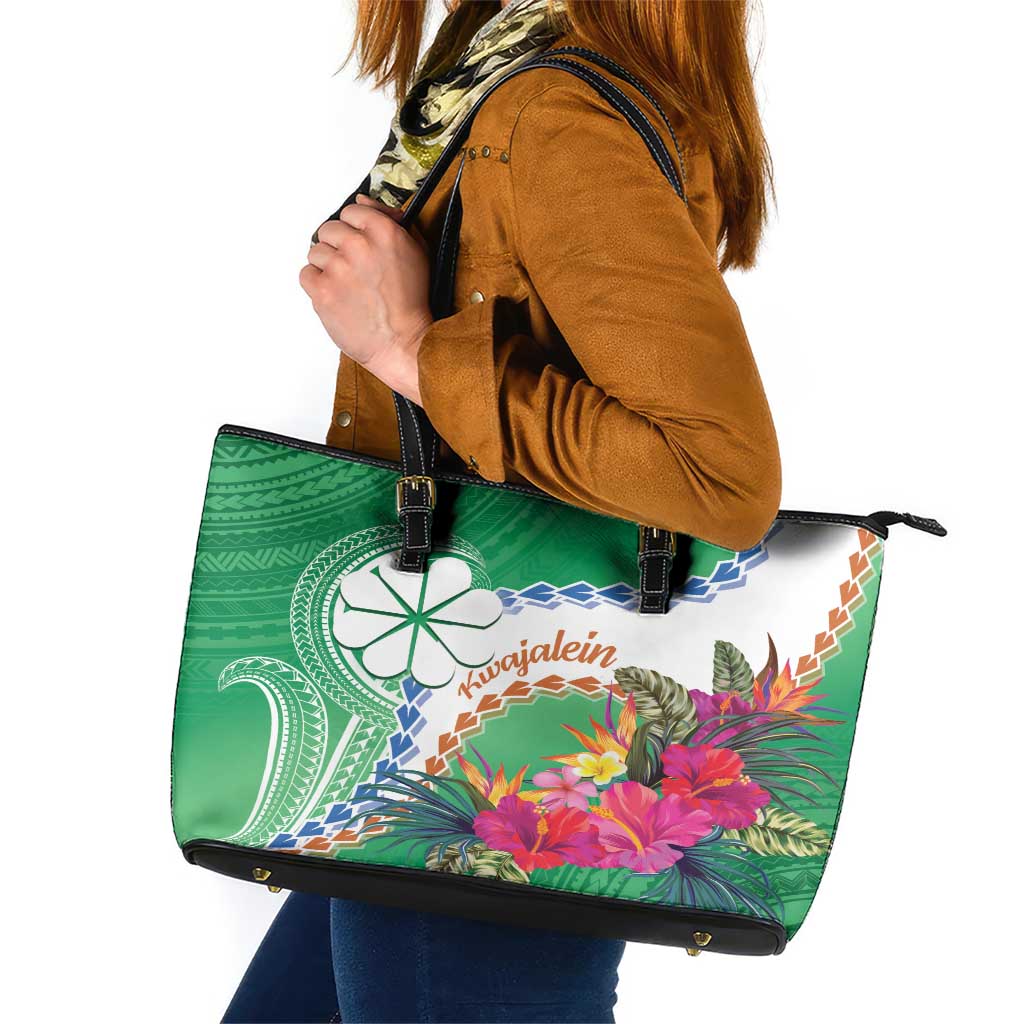 Marshall Islands Kwajalein Atoll Leather Tote Bag Curves Polynesian Mix Tropical Flowers LT14 Green - Polynesian Pride