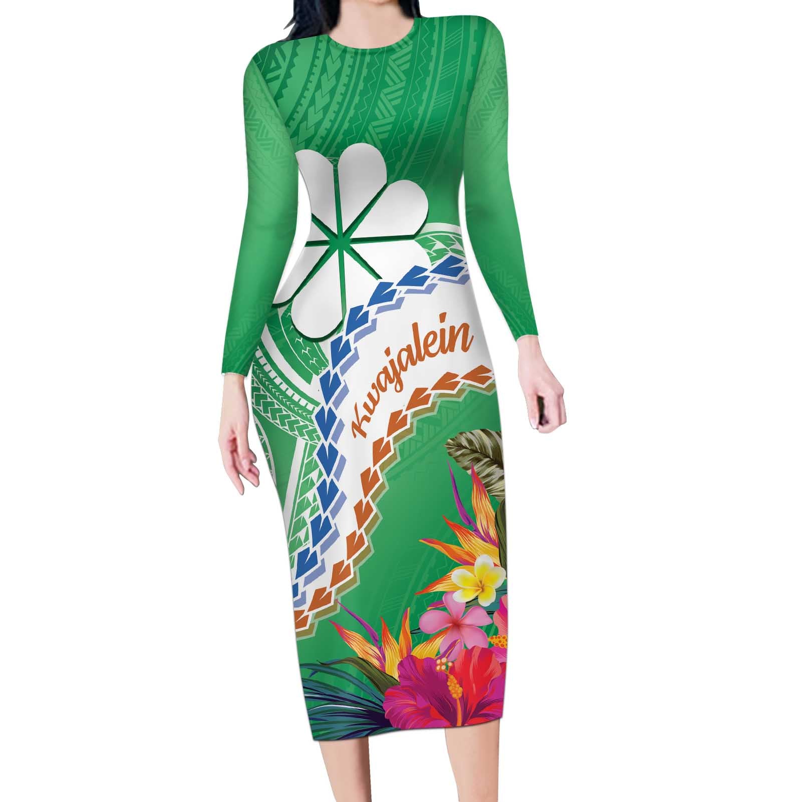 Marshall Islands Kwajalein Atoll Long Sleeve Bodycon Dress Curves Polynesian Mix Tropical Flowers