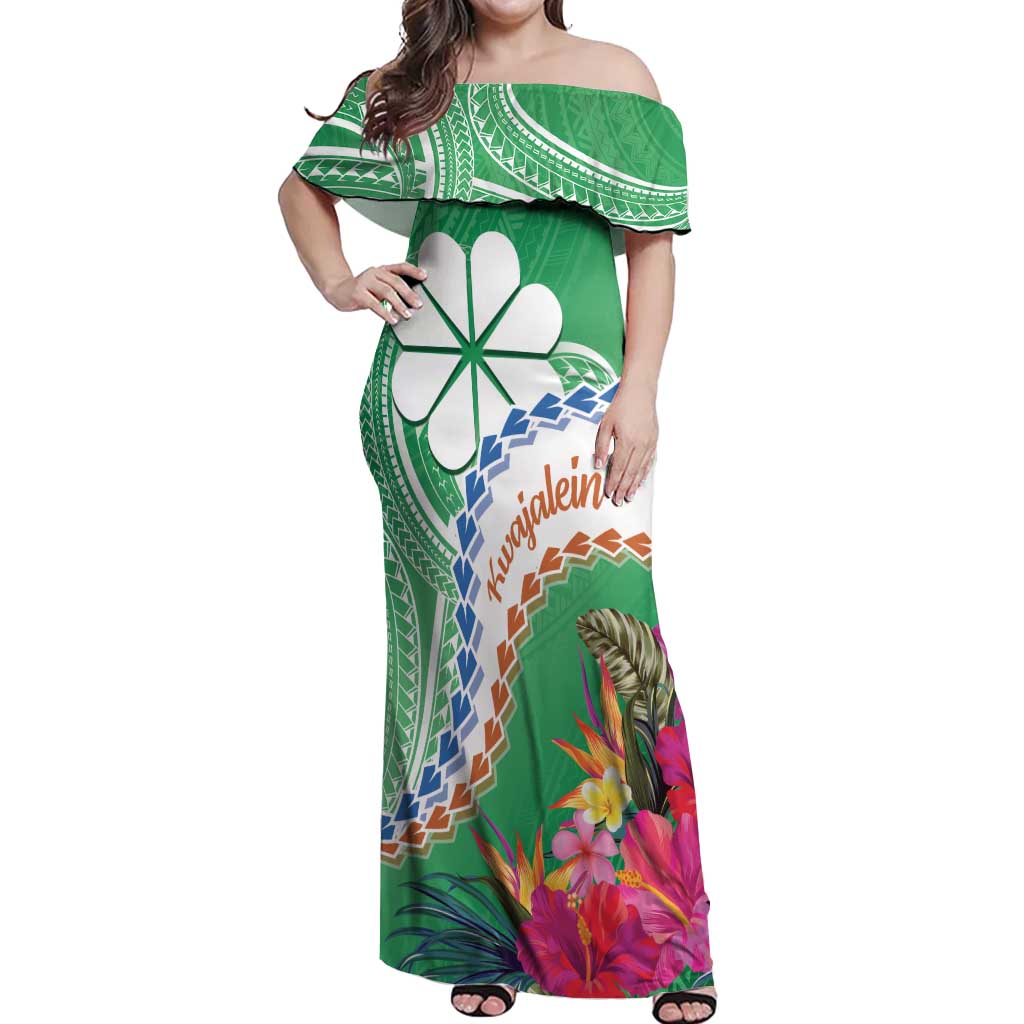 Marshall Islands Kwajalein Atoll Off Shoulder Maxi Dress Curves Polynesian Mix Tropical Flowers LT14 Women Green - Polynesian Pride