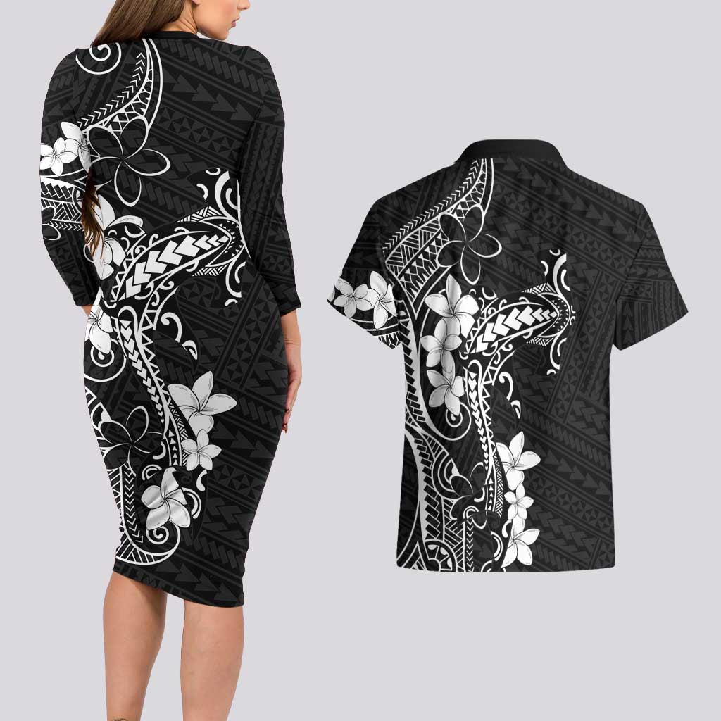 Black Hawaii Couples Matching Long Sleeve Bodycon Dress and Hawaiian Shirt Hammerhead Shark Tattoo Curve Polynesian - Polynesian Pride