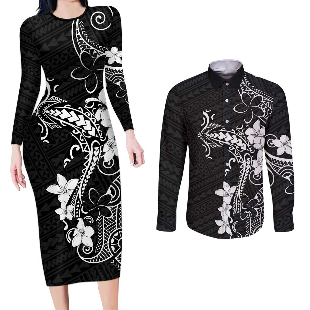 Black Hawaii Couples Matching Long Sleeve Bodycon Dress and Long Sleeve Button Shirt Hammerhead Shark Tattoo Curve Polynesian - Polynesian Pride