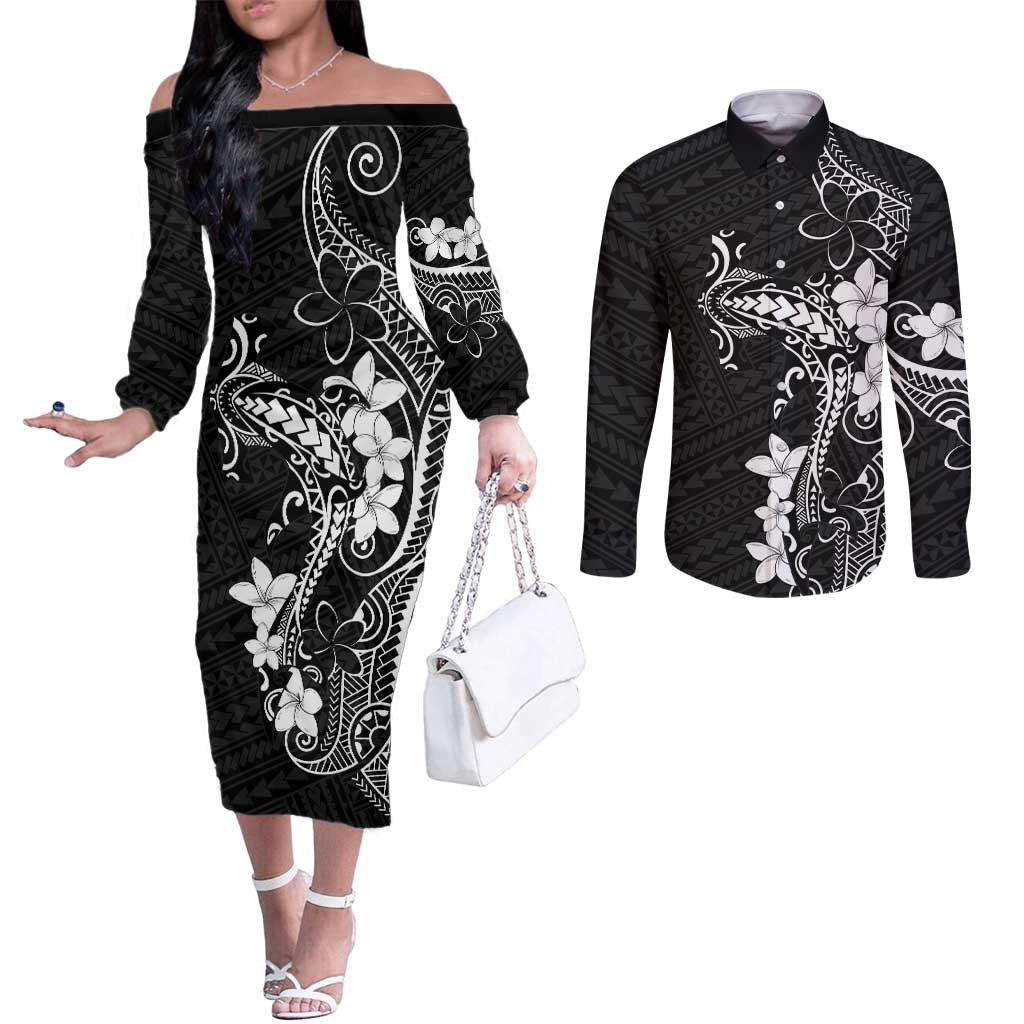 Black Hawaii Couples Matching Off The Shoulder Long Sleeve Dress and Long Sleeve Button Shirt Hammerhead Shark Tattoo Curve Polynesian - Polynesian Pride
