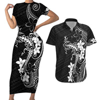 Black Hawaii Couples Matching Short Sleeve Bodycon Dress and Hawaiian Shirt Hammerhead Shark Tattoo Curve Polynesian - Polynesian Pride
