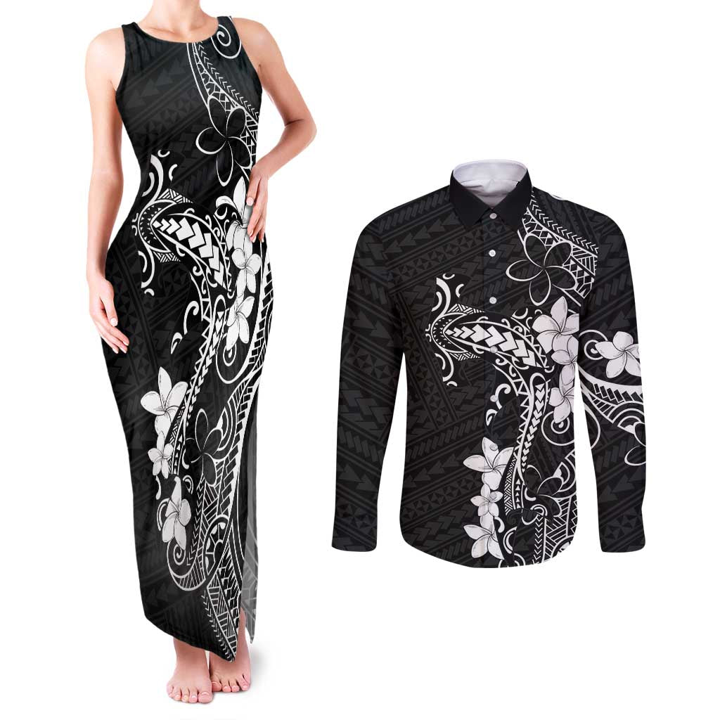 Black Hawaii Couples Matching Tank Maxi Dress and Long Sleeve Button Shirt Hammerhead Shark Tattoo Curve Polynesian - Polynesian Pride