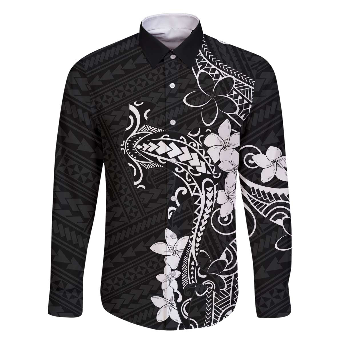 Black Hawaii Family Matching Off The Shoulder Long Sleeve Dress and Hawaiian Shirt Hammerhead Shark Tattoo Curve Polynesian - Polynesian Pride