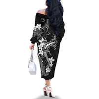 Black Hawaii Family Matching Off The Shoulder Long Sleeve Dress and Hawaiian Shirt Hammerhead Shark Tattoo Curve Polynesian - Polynesian Pride