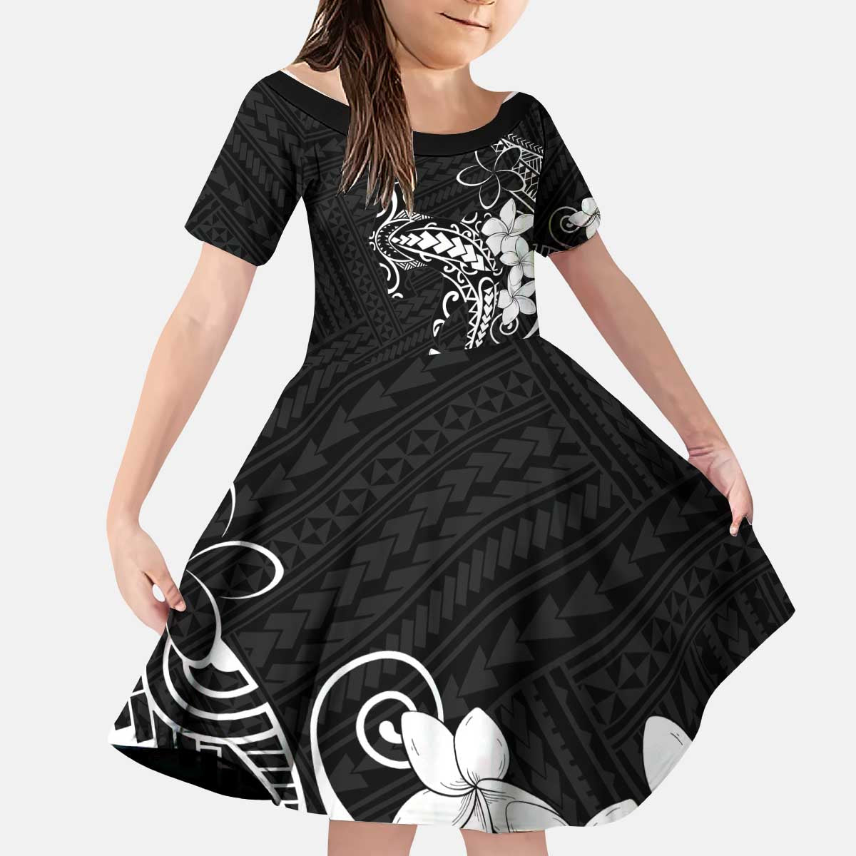 Black Hawaii Kid Short Sleeve Dress Hammerhead Shark Tattoo Curve Polynesian - Polynesian Pride