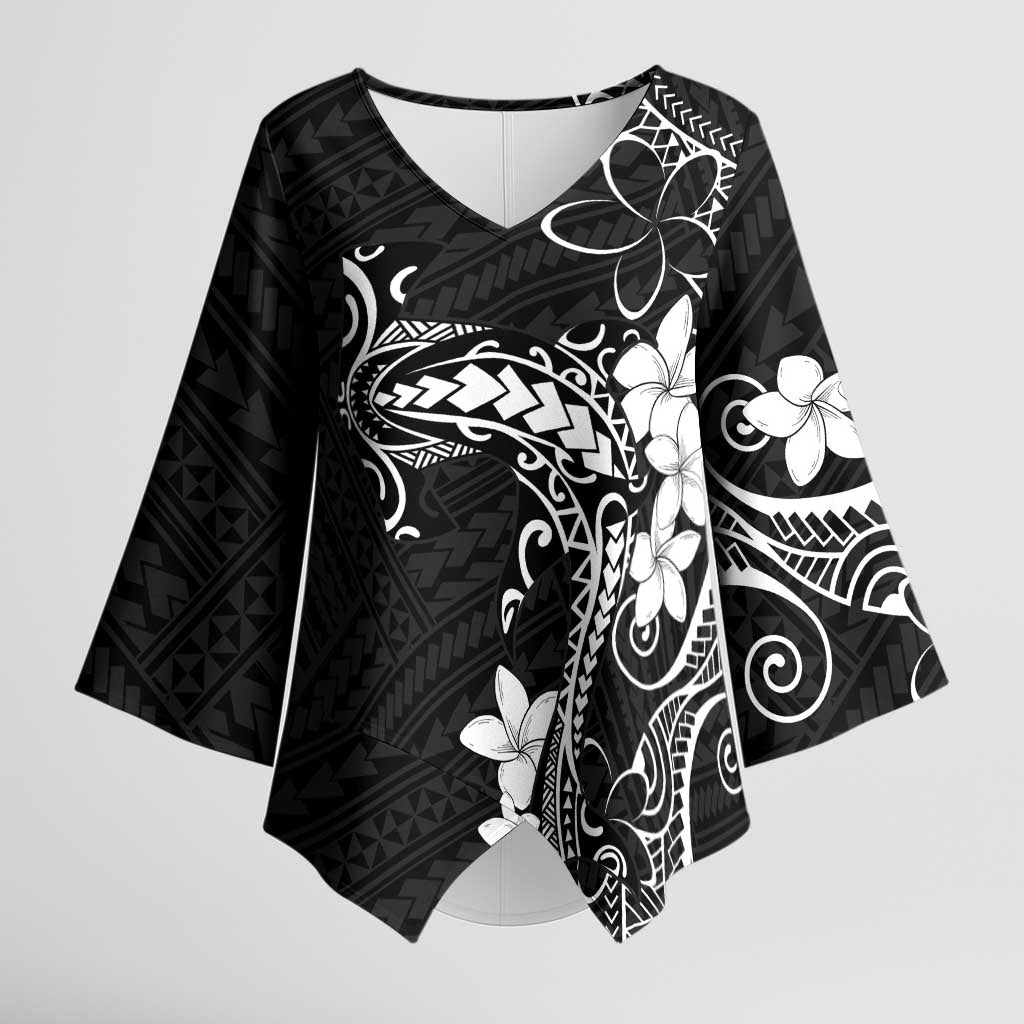 Black Hawaii Kimono Sleeve Blouse Hammerhead Shark Tattoo Curve Polynesian - Polynesian Pride