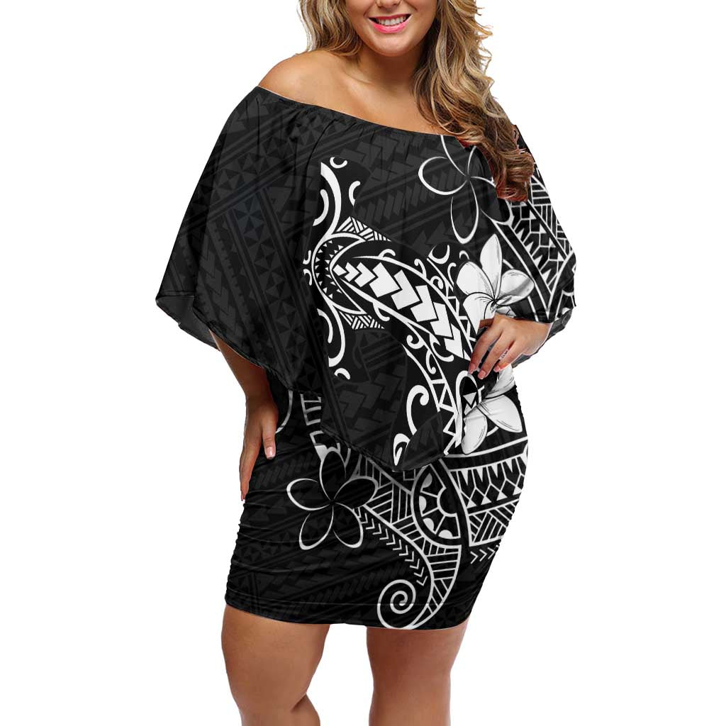 Black Hawaii Off Shoulder Short Dress Hammerhead Shark Tattoo Curve Polynesian - Polynesian Pride