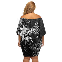 Black Hawaii Off Shoulder Short Dress Hammerhead Shark Tattoo Curve Polynesian - Polynesian Pride