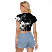 Black Hawaii Raglan Cropped T Shirt Hammerhead Shark Tattoo Curve Polynesian LT14 - Polynesian Pride
