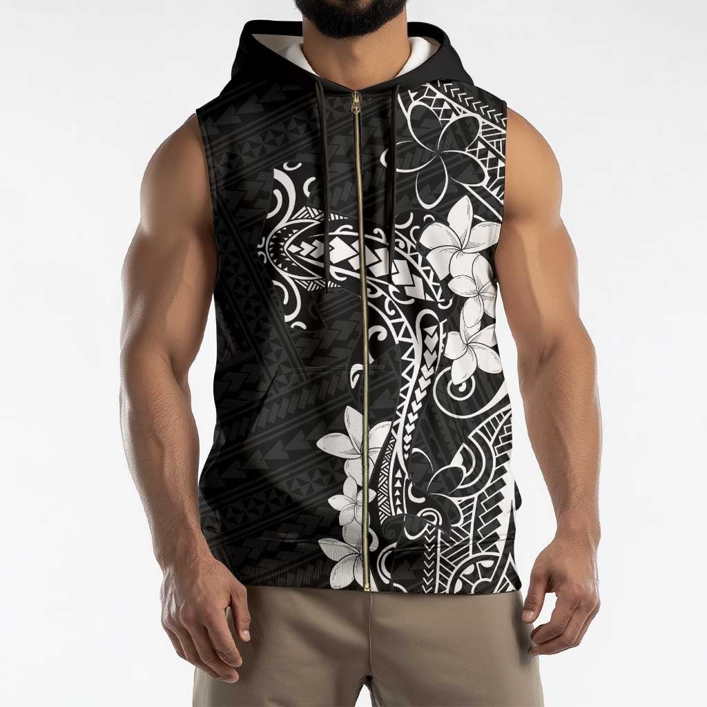 Black Hawaii Sleeveless Zip Hoodie Hammerhead Shark Tattoo Curve Polynesian - Polynesian Pride