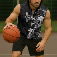 Black Hawaii Sleeveless Zip Hoodie Hammerhead Shark Tattoo Curve Polynesian - Polynesian Pride