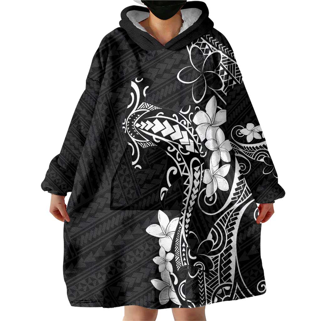 Black Hawaii Wearable Blanket Hoodie Hammerhead Shark Tattoo Curve Polynesian - Polynesian Pride
