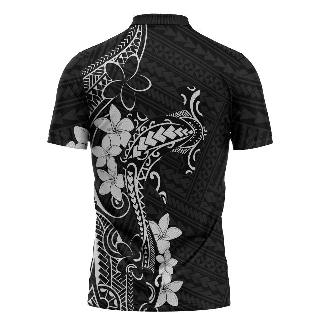 Black Hawaii Zipper Polo Shirt Hammerhead Shark Tattoo Curve Polynesian - Polynesian Pride