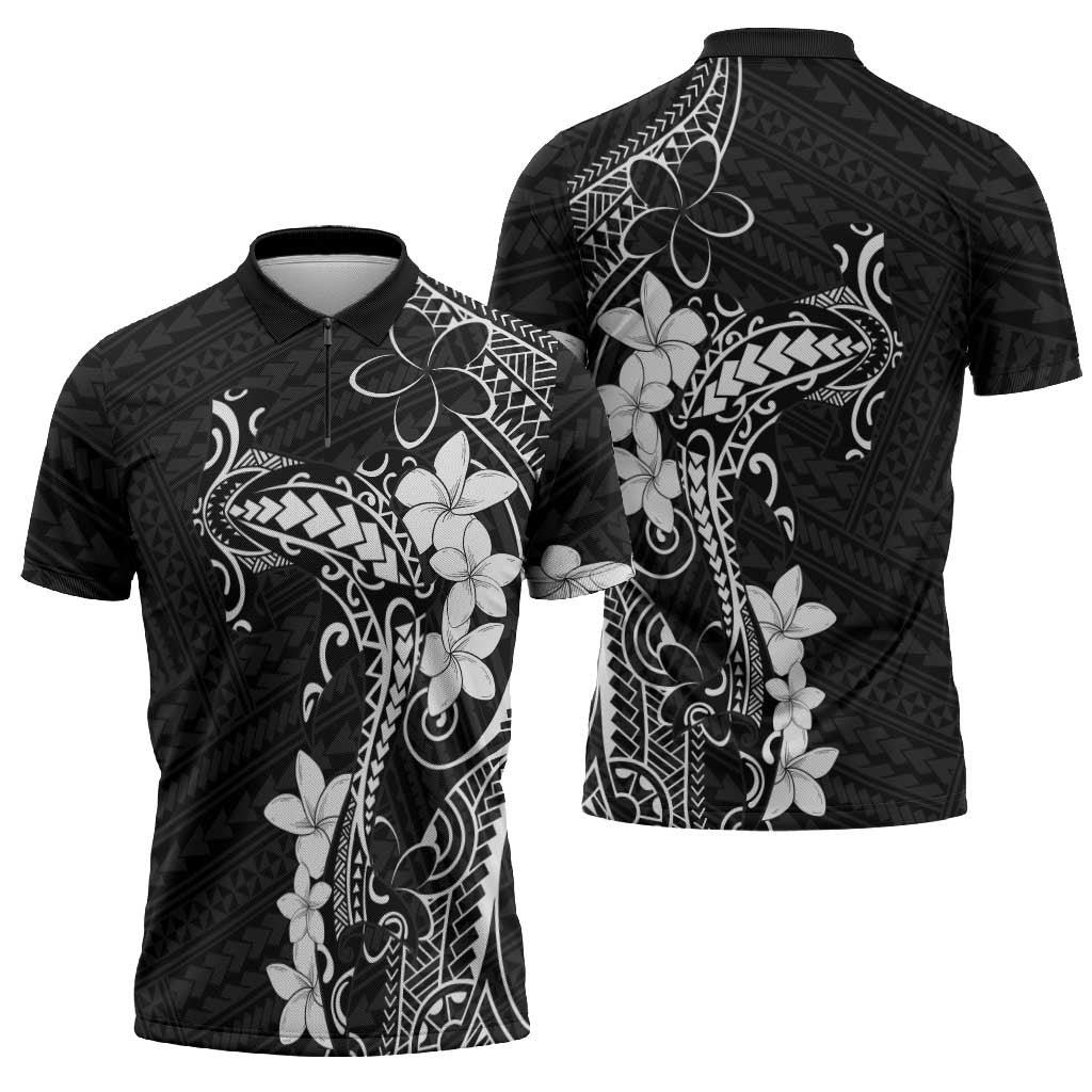 Black Hawaii Zipper Polo Shirt Hammerhead Shark Tattoo Curve Polynesian - Polynesian Pride