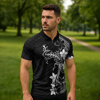 Black Hawaii Zipper Polo Shirt Hammerhead Shark Tattoo Curve Polynesian - Polynesian Pride