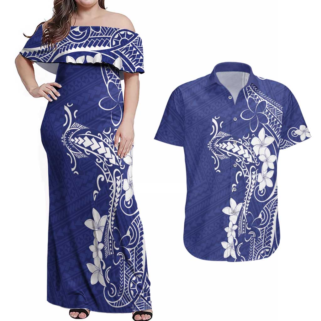 Blue Hawaii Couples Matching Off Shoulder Maxi Dress and Hawaiian Shirt Hammerhead Shark Tattoo Curve Polynesian - Polynesian Pride