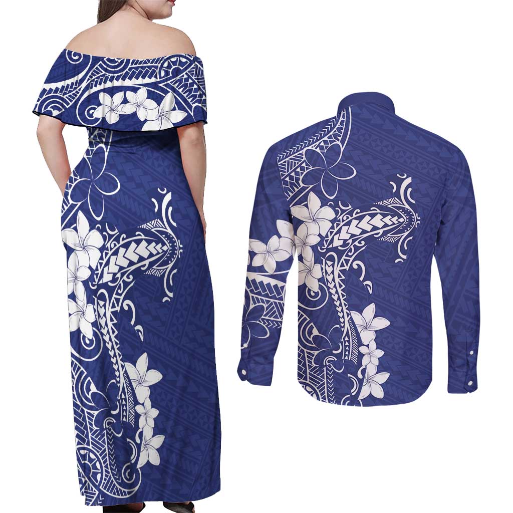 Blue Hawaii Couples Matching Off Shoulder Maxi Dress and Long Sleeve Button Shirt Hammerhead Shark Tattoo Curve Polynesian - Polynesian Pride