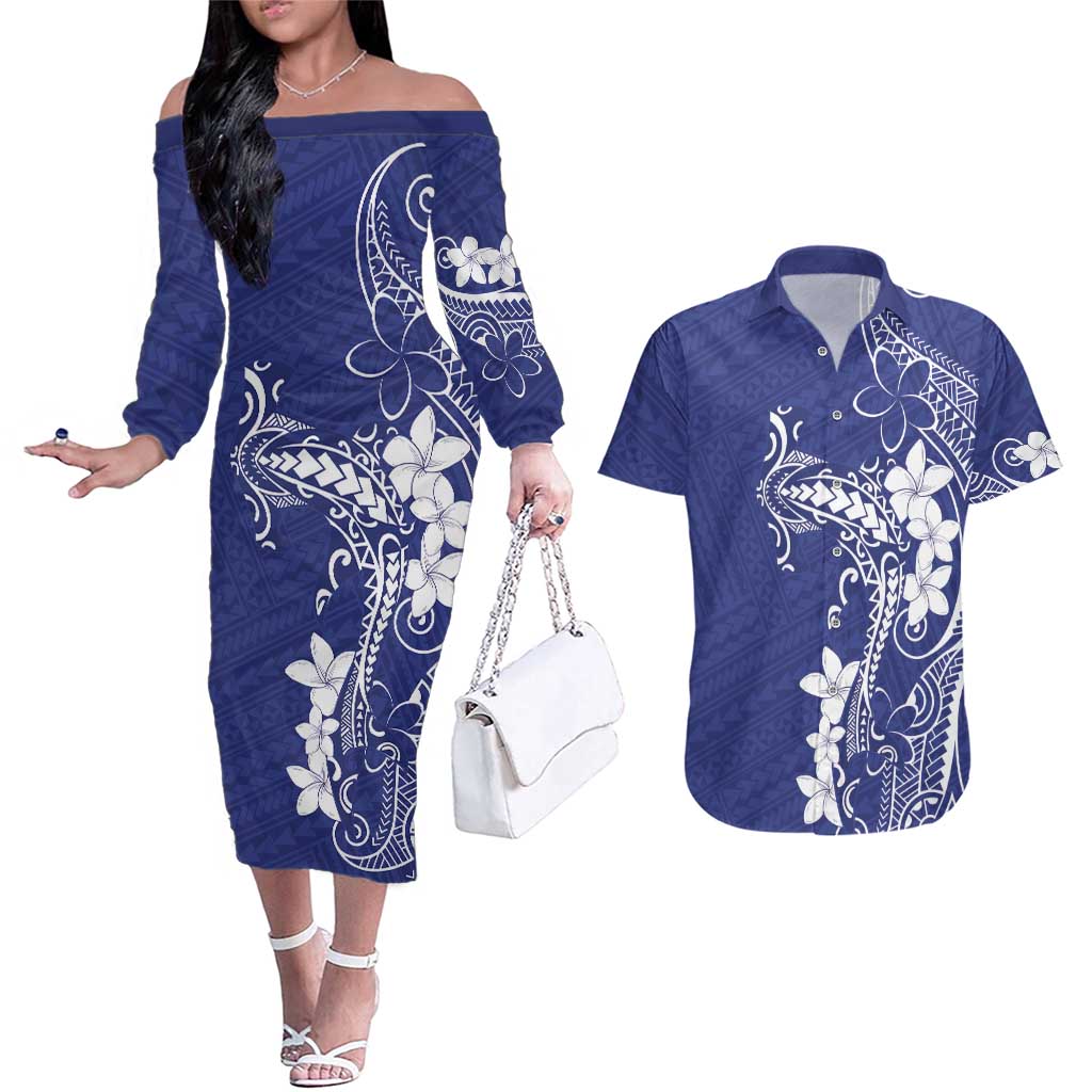 Blue Hawaii Couples Matching Off The Shoulder Long Sleeve Dress and Hawaiian Shirt Hammerhead Shark Tattoo Curve Polynesian - Polynesian Pride