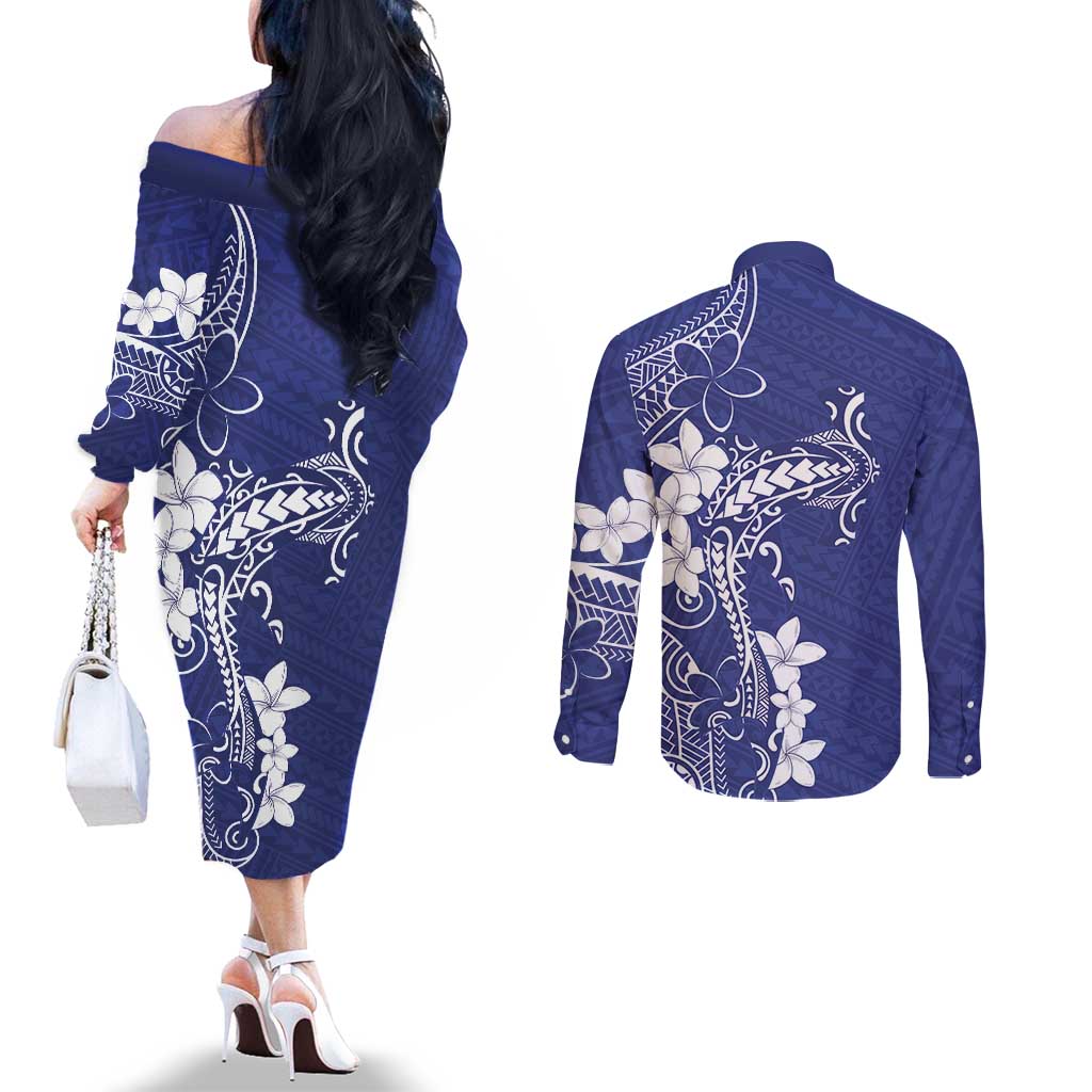 Blue Hawaii Couples Matching Off The Shoulder Long Sleeve Dress and Long Sleeve Button Shirt Hammerhead Shark Tattoo Curve Polynesian - Polynesian Pride