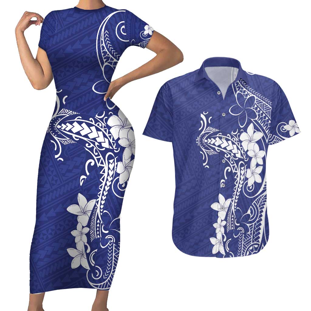 Blue Hawaii Couples Matching Short Sleeve Bodycon Dress and Hawaiian Shirt Hammerhead Shark Tattoo Curve Polynesian - Polynesian Pride