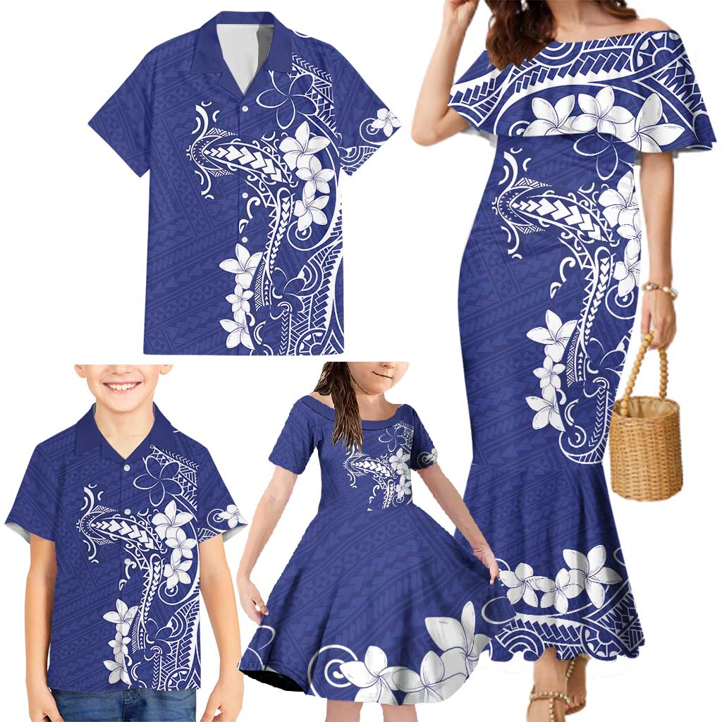 Blue Hawaii Family Matching Mermaid Dress and Hawaiian Shirt Hammerhead Shark Tattoo Curve Polynesian - Polynesian Pride