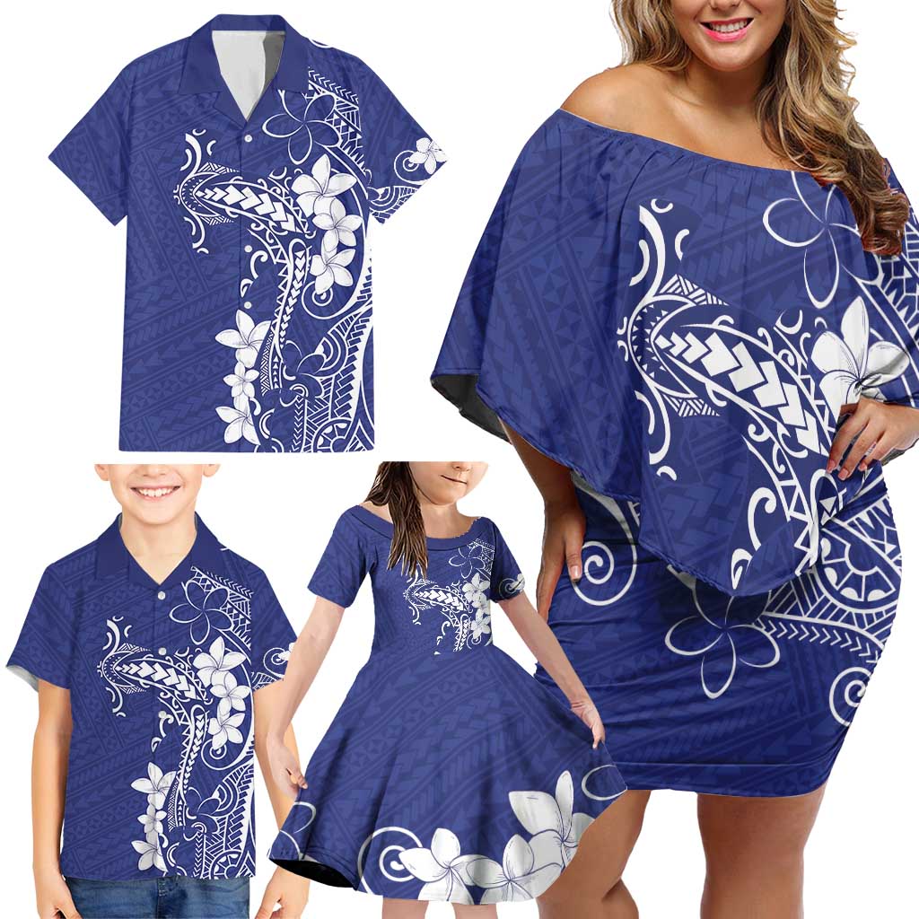 Blue Hawaii Family Matching Off Shoulder Short Dress and Hawaiian Shirt Hammerhead Shark Tattoo Curve Polynesian - Polynesian Pride