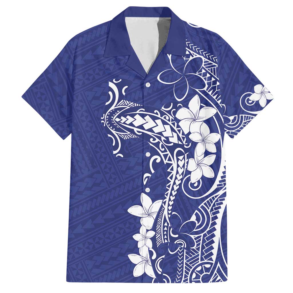 Blue Hawaii Family Matching Puletasi and Hawaiian Shirt Hammerhead Shark Tattoo Curve Polynesian LT14 Dad's Shirt - Short Sleeve Blue - Polynesian Pride