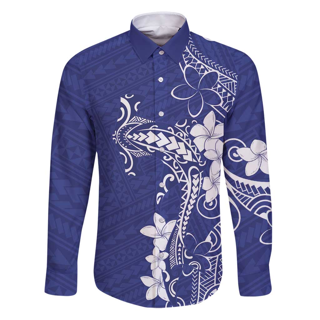 Blue Hawaii Family Matching Puletasi and Hawaiian Shirt Hammerhead Shark Tattoo Curve Polynesian LT14 Dad's Shirt - Long Sleeve Blue - Polynesian Pride