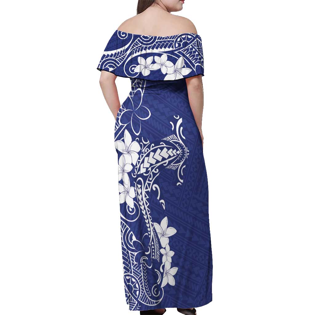 Blue Hawaii Off Shoulder Maxi Dress Hammerhead Shark Tattoo Curve Polynesian - Polynesian Pride