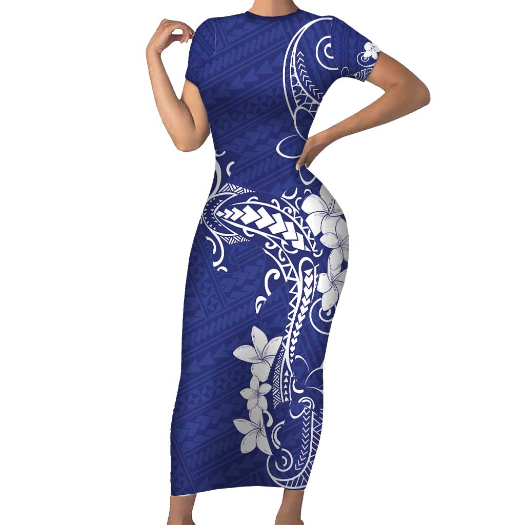 Blue Hawaii Short Sleeve Bodycon Dress Hammerhead Shark Tattoo Curve Polynesian - Polynesian Pride