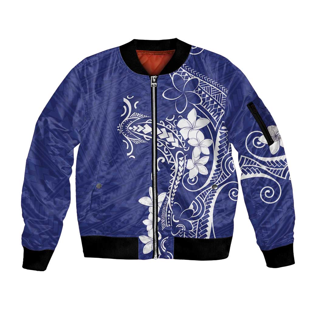 Blue Hawaii Sleeve Zip Bomber Jacket Hammerhead Shark Tattoo Curve Polynesian LT14 Unisex Blue - Polynesian Pride