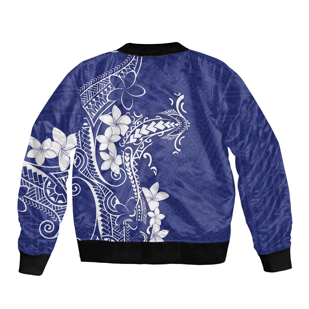 Blue Hawaii Sleeve Zip Bomber Jacket Hammerhead Shark Tattoo Curve Polynesian LT14 - Polynesian Pride