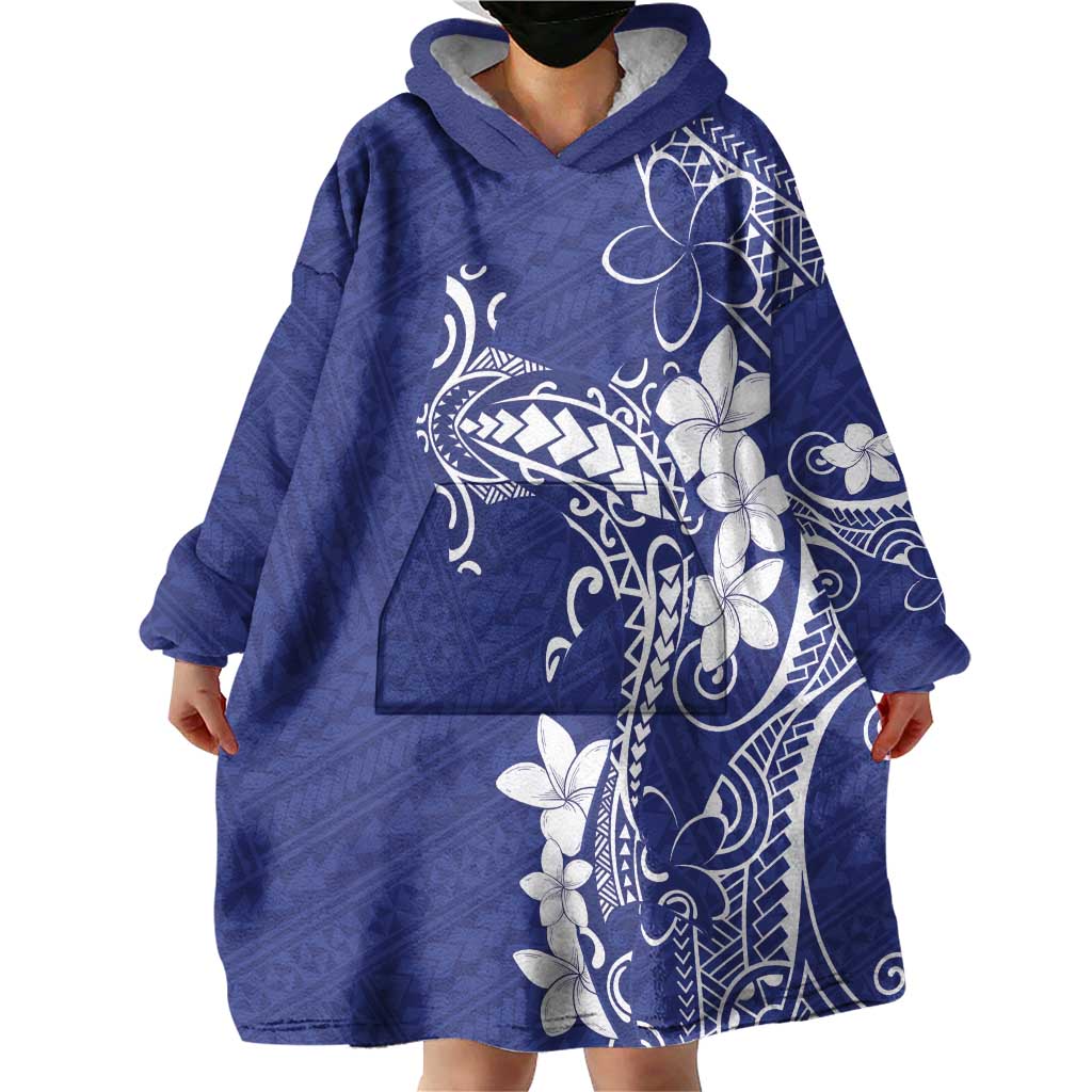 Blue Hawaii Wearable Blanket Hoodie Hammerhead Shark Tattoo Curve Polynesian - Polynesian Pride