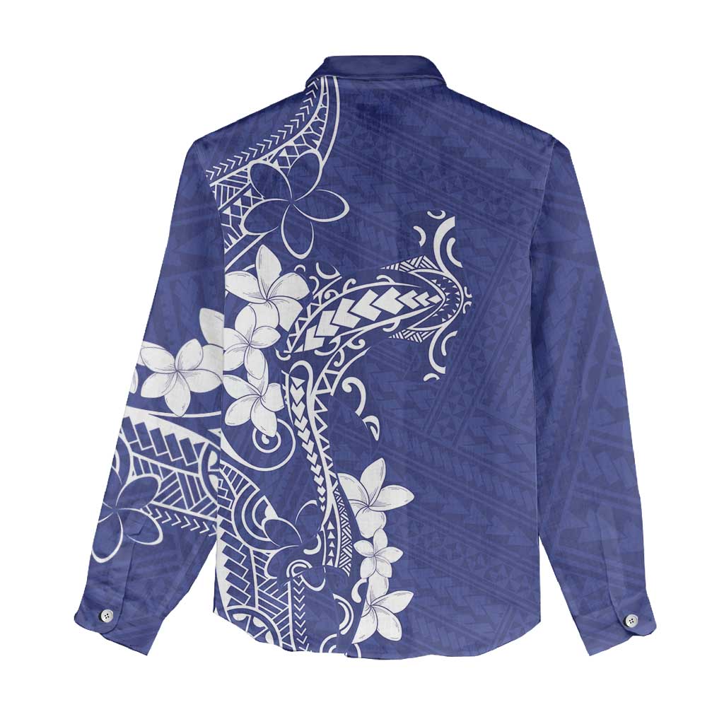 Blue Hawaii Women Casual Shirt Hammerhead Shark Tattoo Curve Polynesian - Polynesian Pride