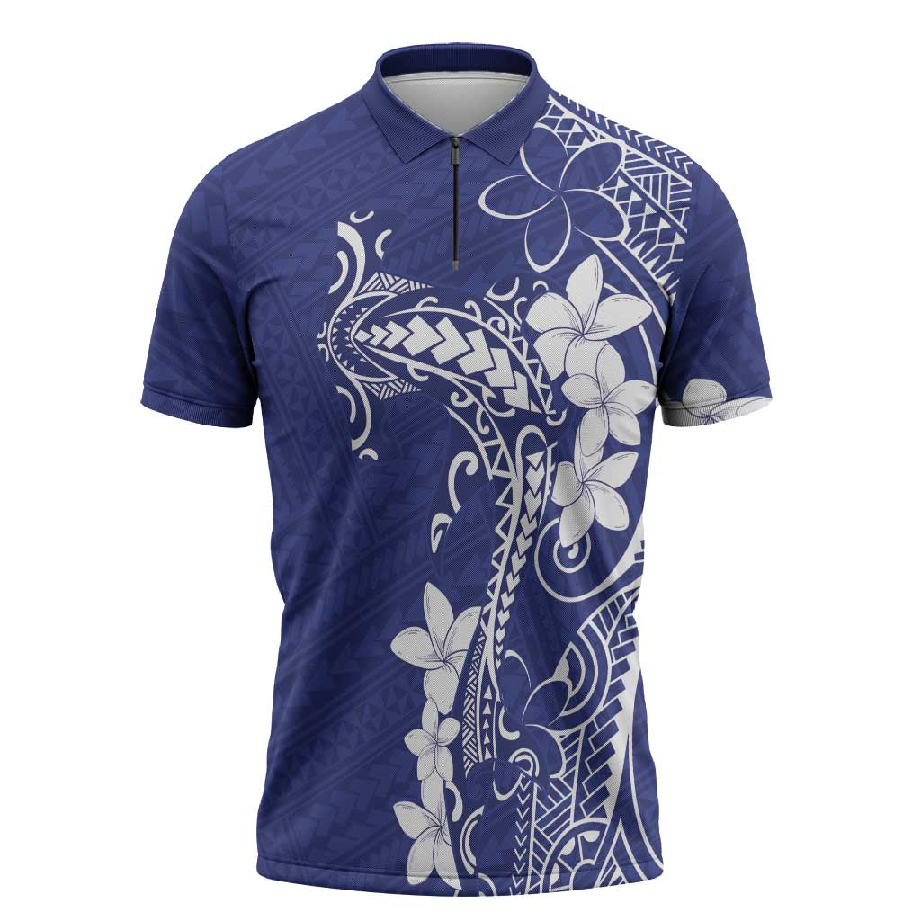 Blue Hawaii Zipper Polo Shirt Hammerhead Shark Tattoo Curve Polynesian - Polynesian Pride