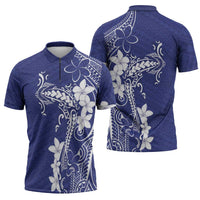 Blue Hawaii Zipper Polo Shirt Hammerhead Shark Tattoo Curve Polynesian - Polynesian Pride