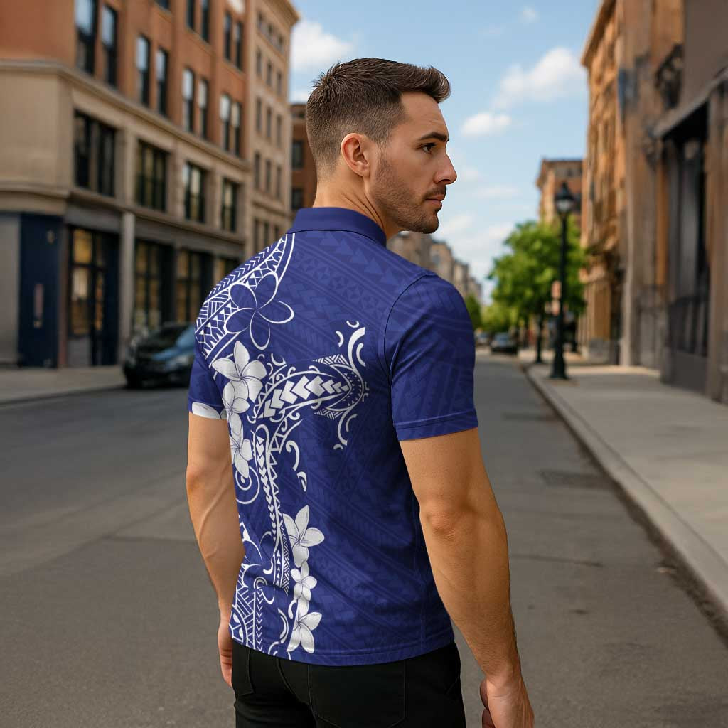 Blue Hawaii Zipper Polo Shirt Hammerhead Shark Tattoo Curve Polynesian - Polynesian Pride