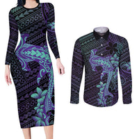 Purple Paradise Hawaii Couples Matching Long Sleeve Bodycon Dress and Long Sleeve Button Shirt Hammerhead Shark Tattoo Curve Polynesian - Polynesian Pride