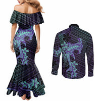 Purple Paradise Hawaii Couples Matching Mermaid Dress and Long Sleeve Button Shirt Hammerhead Shark Tattoo Curve Polynesian - Polynesian Pride