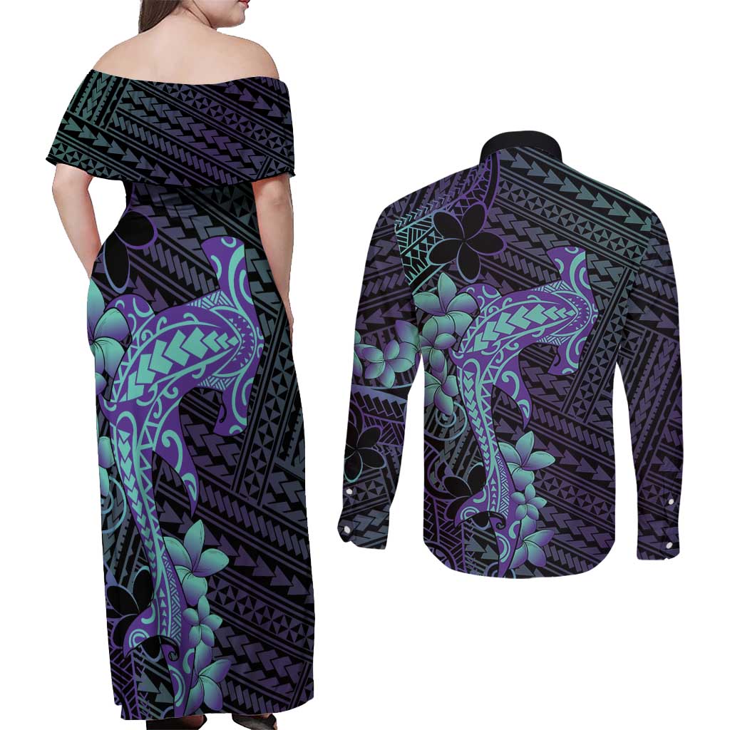 Purple Paradise Hawaii Couples Matching Off Shoulder Maxi Dress and Long Sleeve Button Shirt Hammerhead Shark Tattoo Curve Polynesian - Polynesian Pride