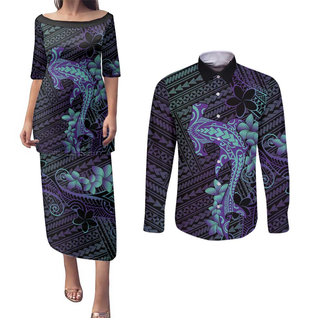 Purple Paradise Hawaii Couples Matching Puletasi and Long Sleeve Button Shirt Hammerhead Shark Tattoo Curve Polynesian LT14 Purple - Polynesian Pride