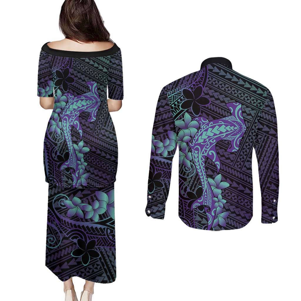 Purple Paradise Hawaii Couples Matching Puletasi and Long Sleeve Button Shirt Hammerhead Shark Tattoo Curve Polynesian LT14 - Polynesian Pride