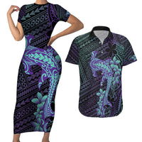 Purple Paradise Hawaii Couples Matching Short Sleeve Bodycon Dress and Hawaiian Shirt Hammerhead Shark Tattoo Curve Polynesian - Polynesian Pride