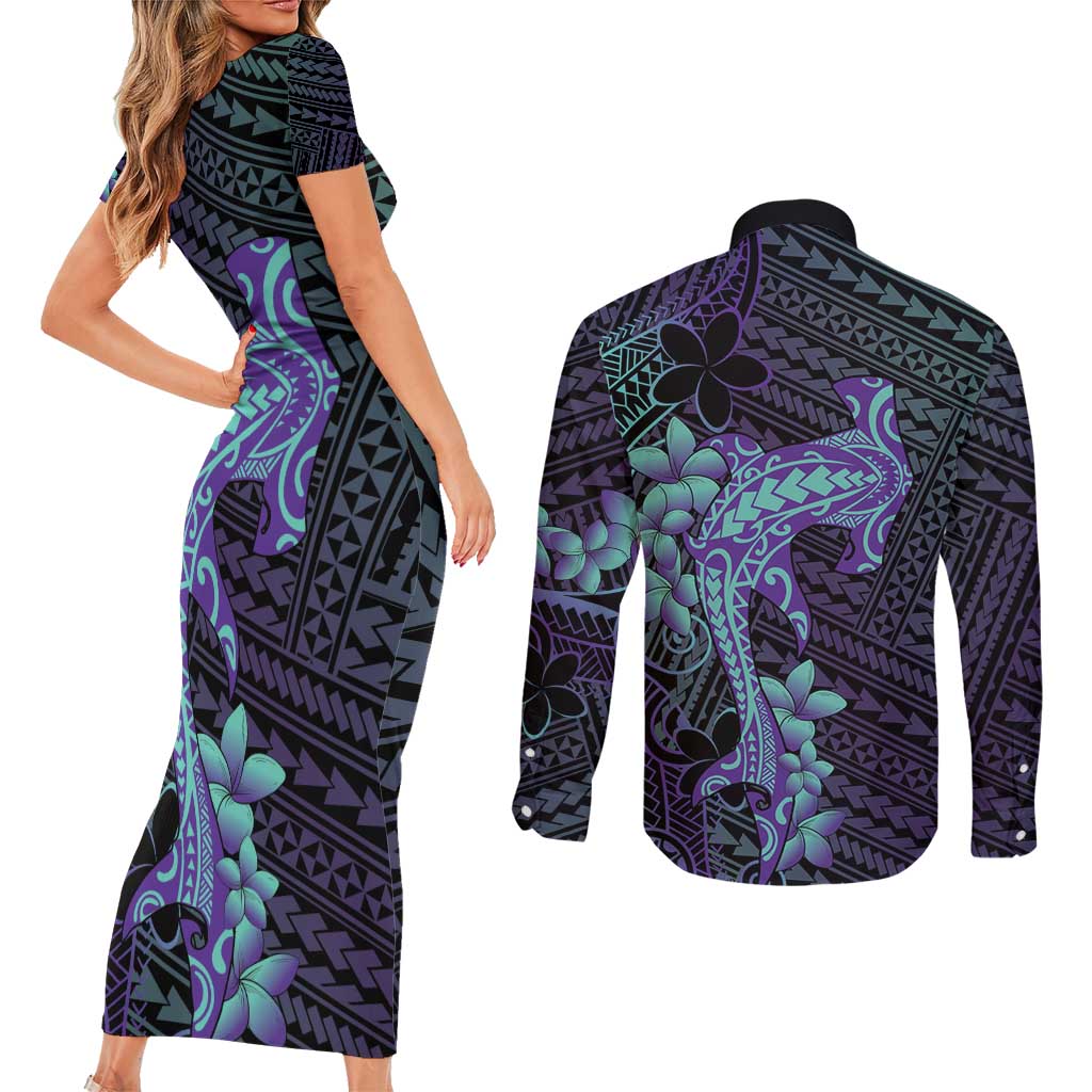 Purple Paradise Hawaii Couples Matching Short Sleeve Bodycon Dress and Long Sleeve Button Shirt Hammerhead Shark Tattoo Curve Polynesian - Polynesian Pride