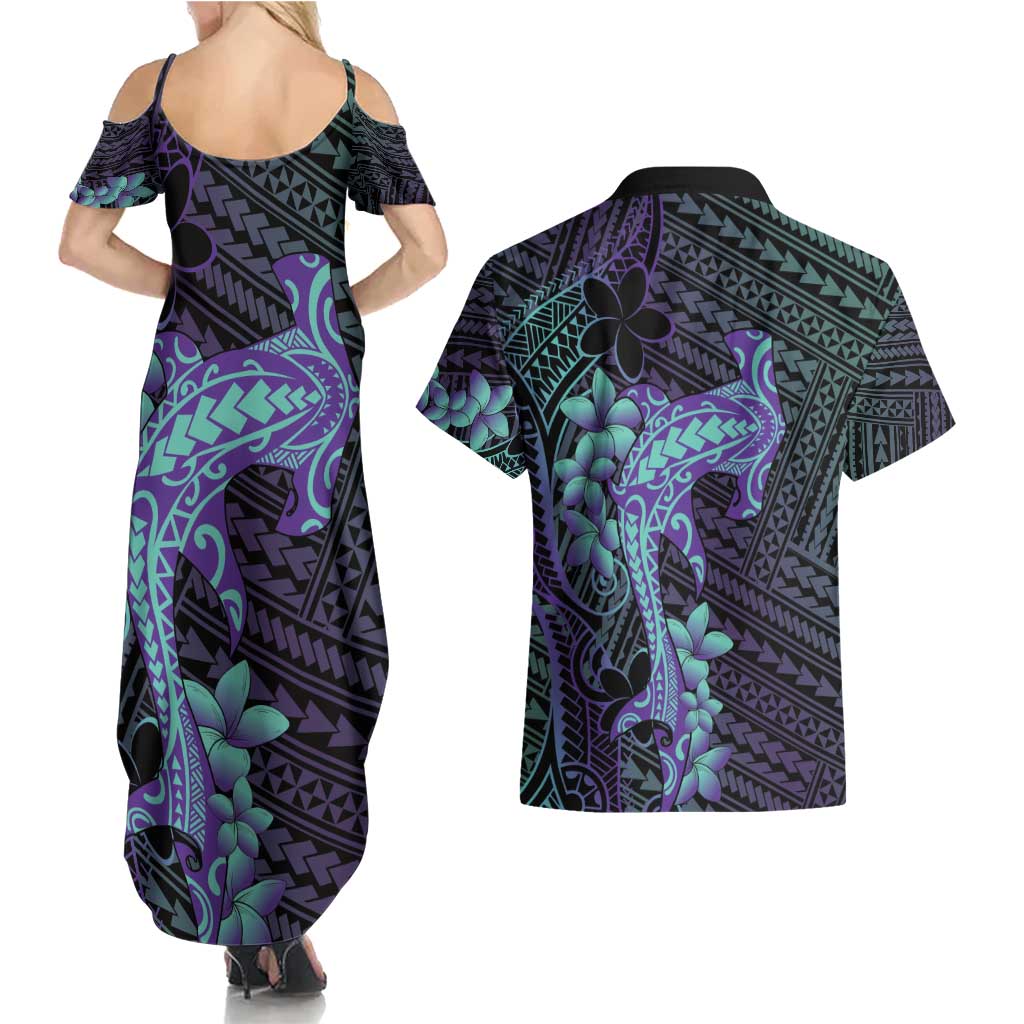 Purple Paradise Hawaii Couples Matching Summer Maxi Dress and Hawaiian Shirt Hammerhead Shark Tattoo Curve Polynesian - Polynesian Pride