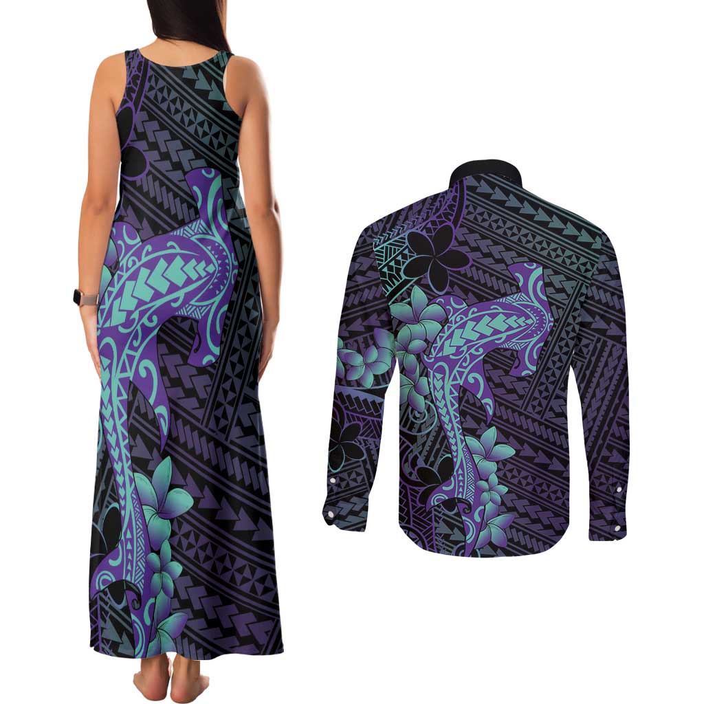 Purple Paradise Hawaii Couples Matching Tank Maxi Dress and Long Sleeve Button Shirt Hammerhead Shark Tattoo Curve Polynesian - Polynesian Pride