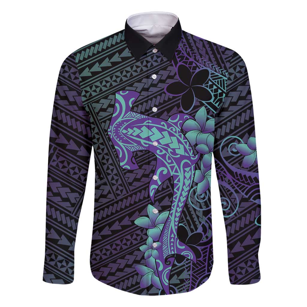 Purple Paradise Hawaii Family Matching Long Sleeve Bodycon Dress and Hawaiian Shirt Hammerhead Shark Tattoo Curve Polynesian - Polynesian Pride