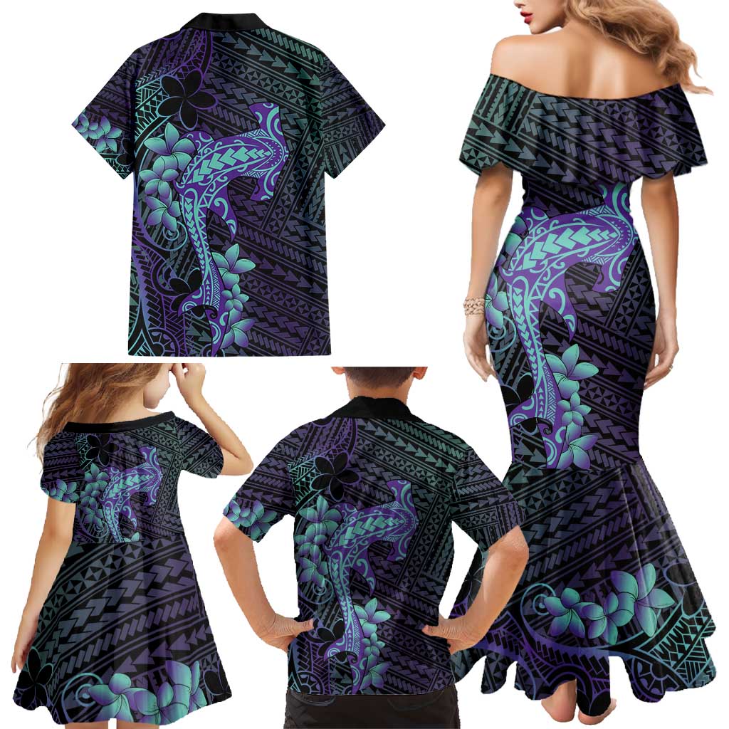 Purple Paradise Hawaii Family Matching Mermaid Dress and Hawaiian Shirt Hammerhead Shark Tattoo Curve Polynesian - Polynesian Pride